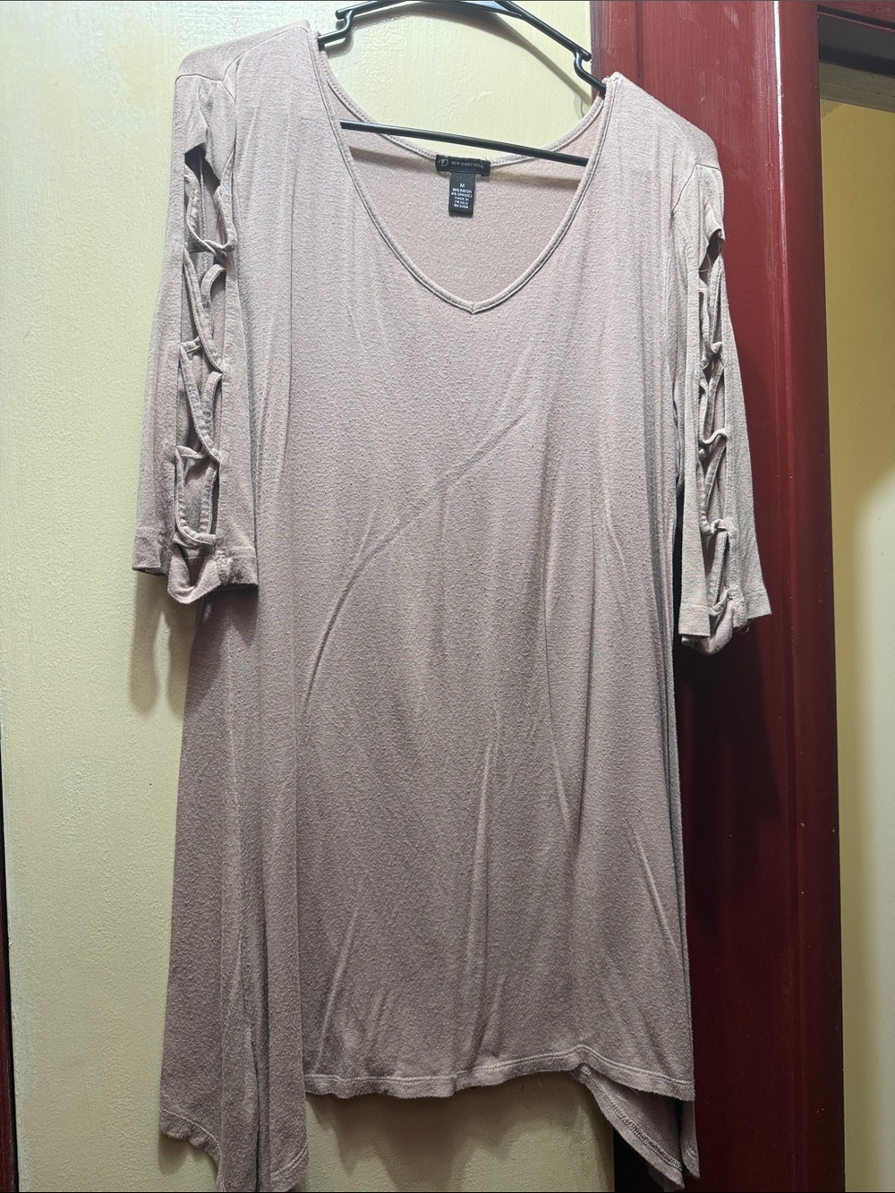 New Directions Taupe Lace-up Sleeve, V-neck Tunic